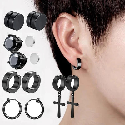 Stainless Steel Studs No Pierced Earring Ear Clip Magnet Cross Suit