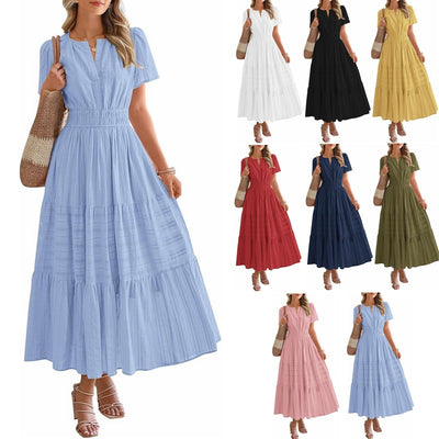 Flared V-Neck Dress, Pleated Puff Sleeves