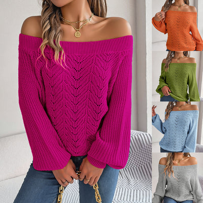 Leisure Solid Color Hollow-out Off-neck Off-the-shoulder Lantern Sleeve Sweater