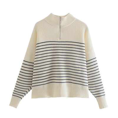 Striped Splicing Knitwear Zip-up Turtleneck Sweater