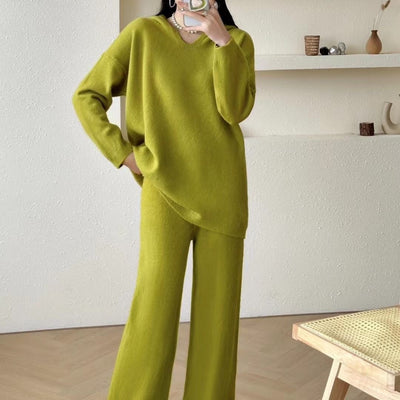 Solid-color Loose-fitting Long-sleeve Top And Wide-leg Pants Two-piece Set