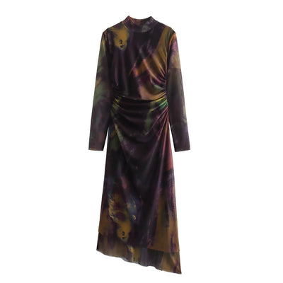 New Fall Women's Clothing European And American Elegant Slightly Mature Silk Net Printing Dress