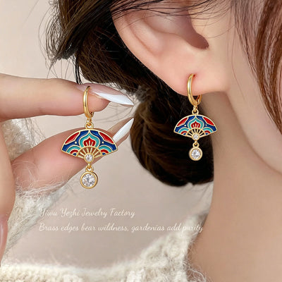 Brincos em leque com tema floresta estilo chinês moderno, brincos de zircónia originais de alta gama estilo chinês, brincos esmaltados elegantes estilo antigo