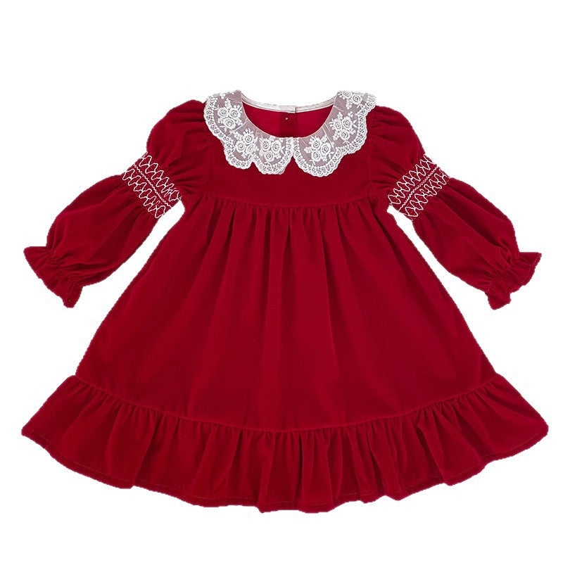 Vestido de Natal vermelho com gola de folhos para menina