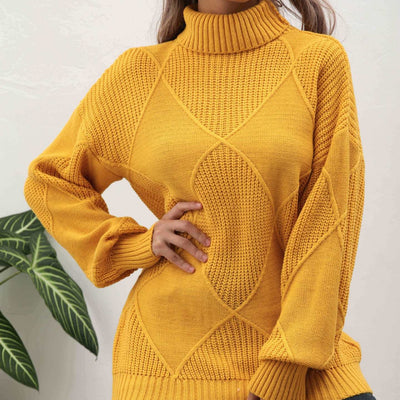 Camisola de gola alta de malha lisa - camisola justa de manga comprida para mulher, para uso casual no outono-inverno