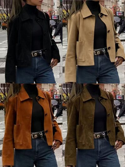 Short Faux Suede Jacket, Lapel Collar