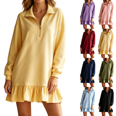 Zip Polo-Collar Dress, Long Sleeves