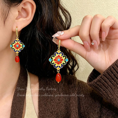 Vintage High-end Fashion And Unique Personality Vintage Electroplated Real Gold Colorful Enamel Camellia Earrings
