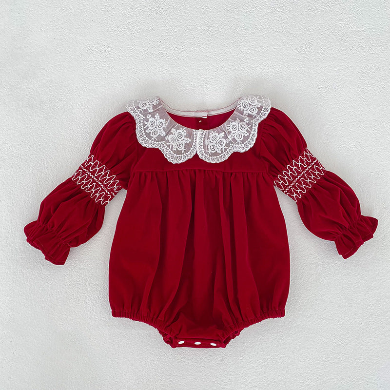 Vestido de Natal vermelho com gola de folhos para menina
