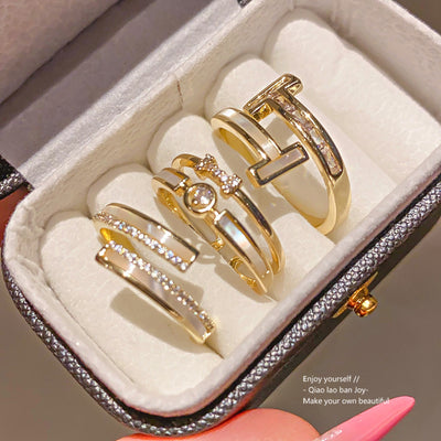 14k Real Gold Plated Zircon And Mother-of-pearl Double-layer Open Ring, Simple And Stylish Index Finger Ring, Light Luxury With A High-end Feel
