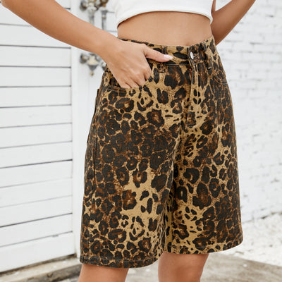 Leopard-Print Washed Denim Shorts