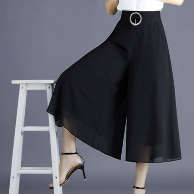 Saia-calça de cintura subida em chiffon para mulher - saia casual larga e fluida de perna larga para o dia a dia