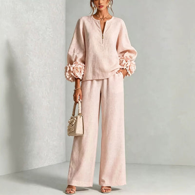 Three-dimensional Floral Half-collar Lantern-sleeve Two-piece Set