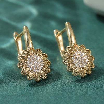 Elegant Floral Crystal Hoop Earrings Gold Tone Brass Women Wedding Party Fashion Jewelry Sparkling Versatile
