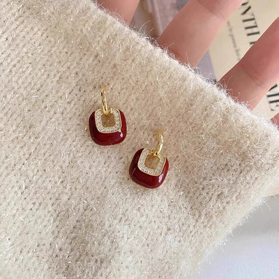 Vintage Wine-red, Oil-drop-shaped, Square, Diamond-studded Earrings With A Luxurious And Sophisticated Design, Perfect For Autumn And Winter, And Versatile For Any Outfit