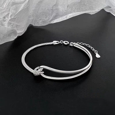 S925 Sterling Silver Square Double Layer Knot Bracelet for Women - Geometric Spliced Design Minimalist Fashion Jewelry Gift
