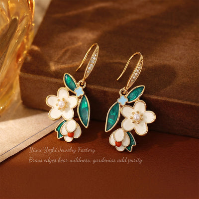 Korean-style Oil Painting-inspired Gardenia Zircon Earrings, Enamel Drop Glaze Hand-painted Earrings, French Niche Design Earrings