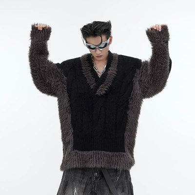 Men's Niche Plush Patchwork Knit Sweater Loose Sweater