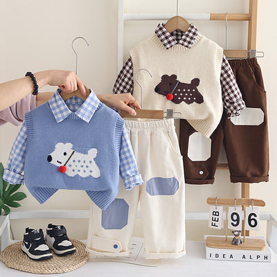 Ensemble garçon pull sans manches imprimé chiot, chemise et pantalon printemps/automne 0-4 ans