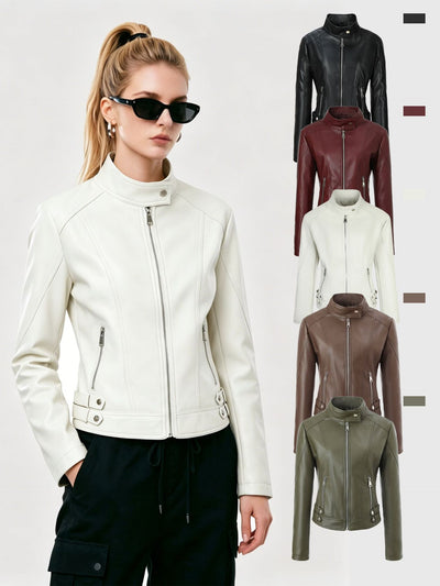 European And American Style Slim Fit Stand Collar Pu Leather Jacket For Women, 2026 Spring New Model, Elegant And Stylish Zip-Up Leather Jacket