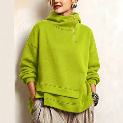 Sweatshirt com capuz desportiva lisa assimétrica de gola alta