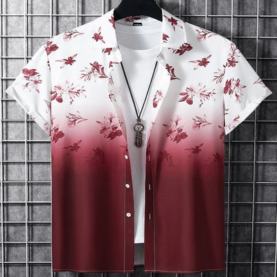 Men's Summer Bohemian Style Loose Floral Print Gradient Color Street Lapel Short Sleeve Shirt
