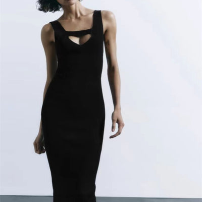 V-neck Strap Off Shoulder Knitted Sleeveless Dress Medium Length