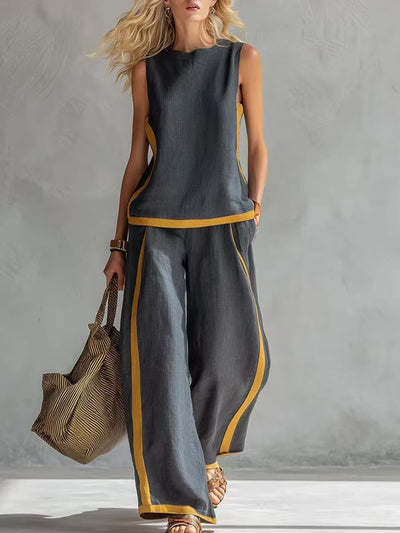 Two-Tone Sleeveless Top and Wide-Leg Pants Set
