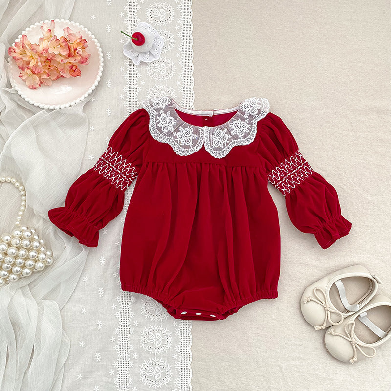Vestido de Natal vermelho com gola de folhos para menina