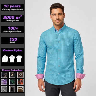 C360 Camisa de homem aos quadrados com estampado digital, manga comprida, colarinho, elástica em 4 direções, antirrugas, alta solidez de cor, casual, outono