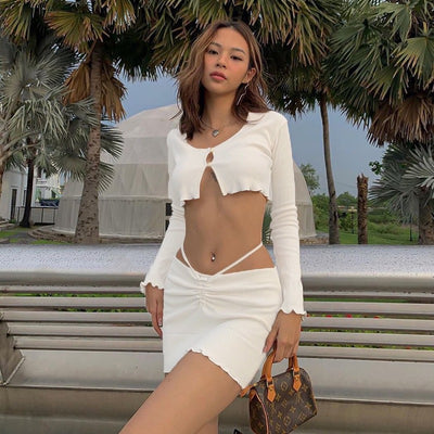 Women's Fashion Long Sleeve Cross Strap Wooden Ear T-shirt Skirt Suit