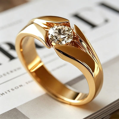 Anel dourado Yanbai estilo minimalista transfronteiriço com zircónias incrustadas, anel de noivado simples e elegante, presente de aniversário de namoro