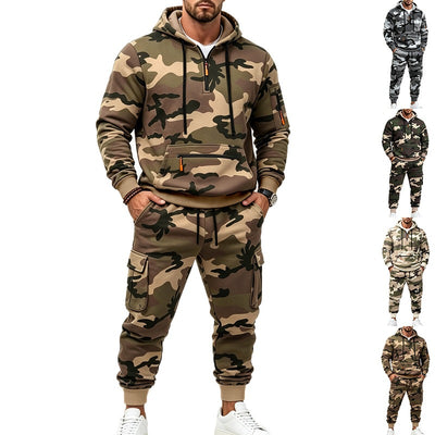 AutumnWinter Fleece-lined Men's Sporty Casual Camouflage Cargo Hoodie Set