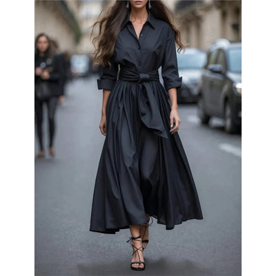 Robe-manteau longue unie à lacets et col polo