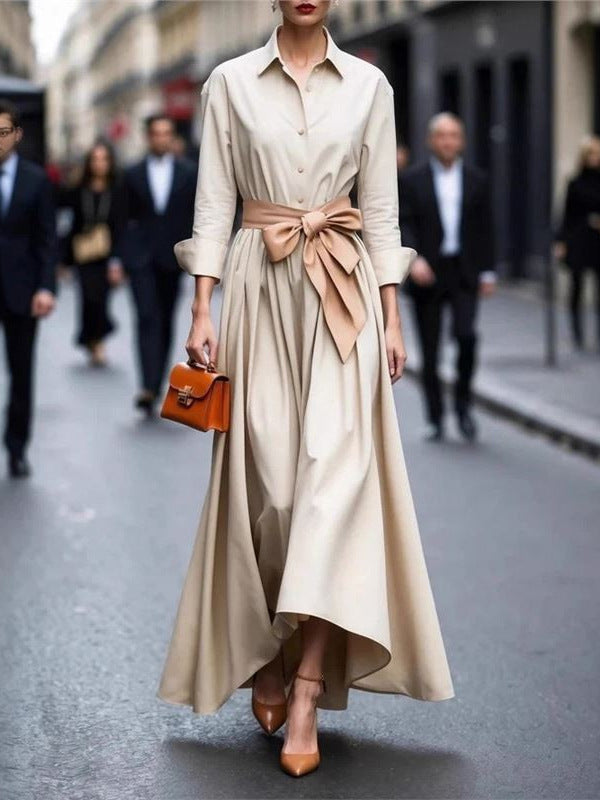 Solid color lace up POLO collar dress jacket long skirt coat
