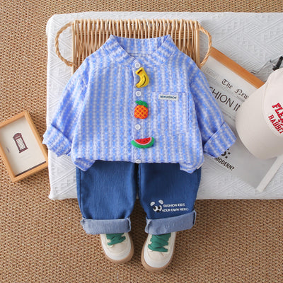 Ensemble chemise deux pièces à rayures verticales et imprimé fruits printemps/automne pour garçons et filles de 0 à 4 ans