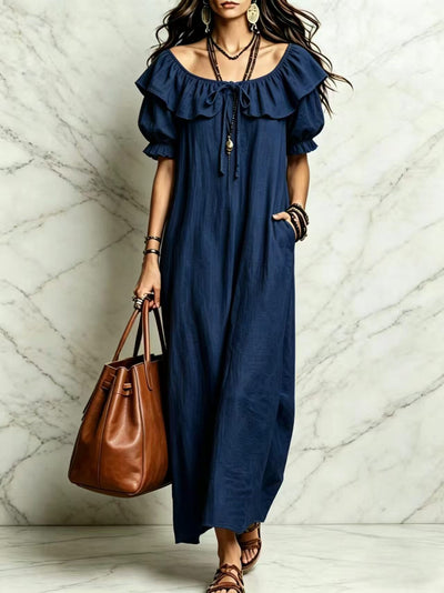 Ruffle-Collar Maxi Dress, Short Sleeves, Pockets