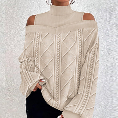 European And American Twist Patchwork Cold-shoulder Long-sleeved Top
