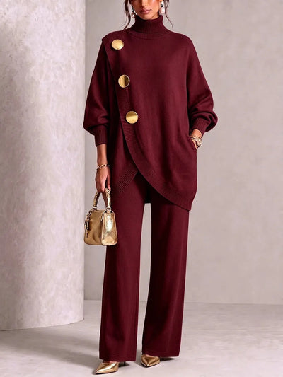 Conjunto de malha para mulher, gola alta elegante para o trabalho com botões dourados irregulares &amp; calças largas e soltas, conjunto de 2 peças