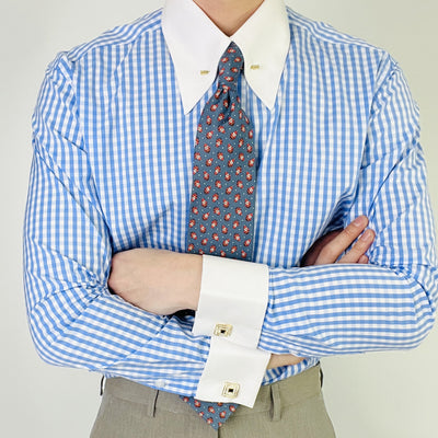 Camisa de homem aos quadrados de manga comprida estilo workwear italiano, corte justo, gola pontiaguda, casual de negócios, blocos de cor, antirrugas