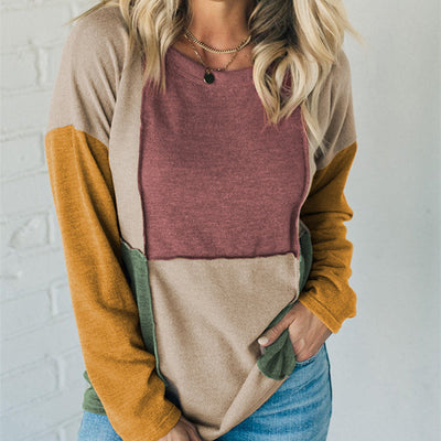Women's Knitted Round Neck Irregular Contrast Color Long Sleeves Casual Top