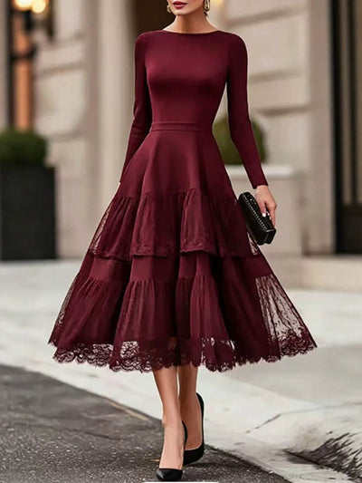 Amazon 2026 Fall New French Round Neck Solid Color Long Sleeve Mesh Patchwork Elegant Waist-Cinching Dress