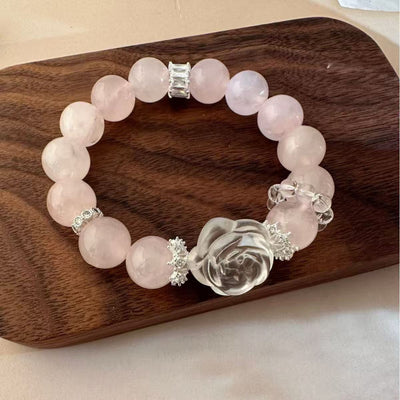 Natural Rose Quartz  Clear Quartz Bracelet Rose Flower Pendant Beaded Chain Love Energy Jewelry For Women