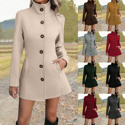 Mid-Length Wool Coat, Stand Collar