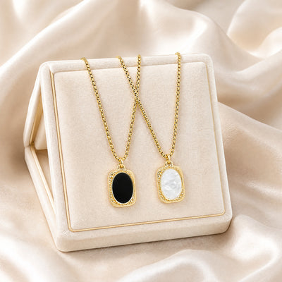 18K Gold Plated Stainless Steel Rectangle Tag Pendant Necklace For Women, Vintage Black Onyx White Mother Of Pearl Box Chain Necklace, Dainty Everyday Jewelry Gift