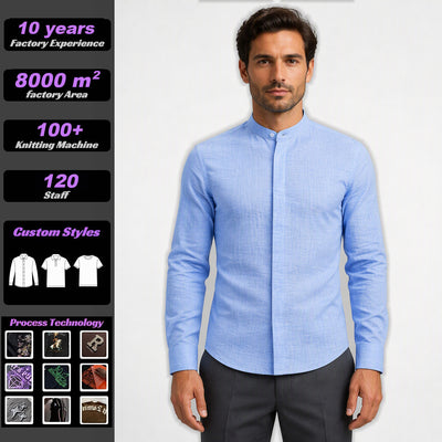 Camisa de homem transfronteiriça vintage em imitação de linho, gola alta, manga comprida, antirrugas de gama alta, camisa de verão fina para homem, estilo business