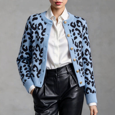 Cardigã de malha jacquard com padrão de leopardo para mulher