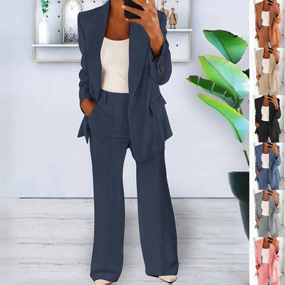Conjunto casual com botão estilo Ins, blazer com lapela de manga comprida na moda e calças justas com bolsos para mulher