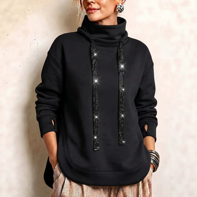 Sweatshirt de gola alta solta para mulher com cordão com strass