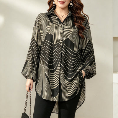 Blusa túnica tamanho grande para mulher em tecido, gola de camisa, mangas compridas balão, padrão geométrico, bainha assimétrica